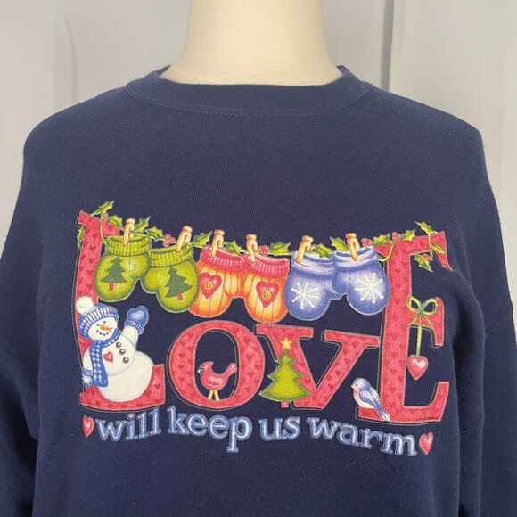 Crewneck Sweatshirt Womens Size XL Navy Blue Graphic Grandma Winter Cottage Love - Picture 2 of 10